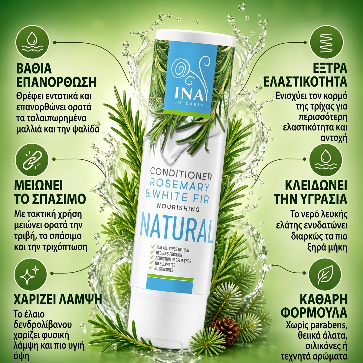 Infographic: τα οφέλη του φυσικού μαλακτικού μαλλιών με δενδρολίβανο και λευκή ελάτη